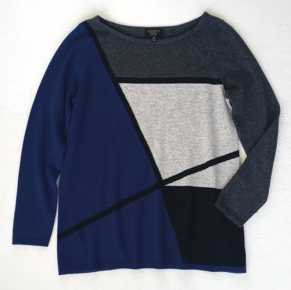 Charter Club Cashmere Royal Blue Heathered Greys Black Abstract Motif Sweater - Picture 13 of 15
